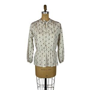 Vintage 80s Dotted Blouse Womens M Brown White Peplum Waist Secretary Top